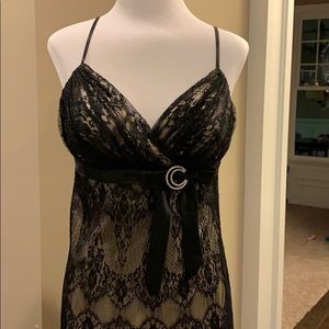 Faviana couture lace over silk dress